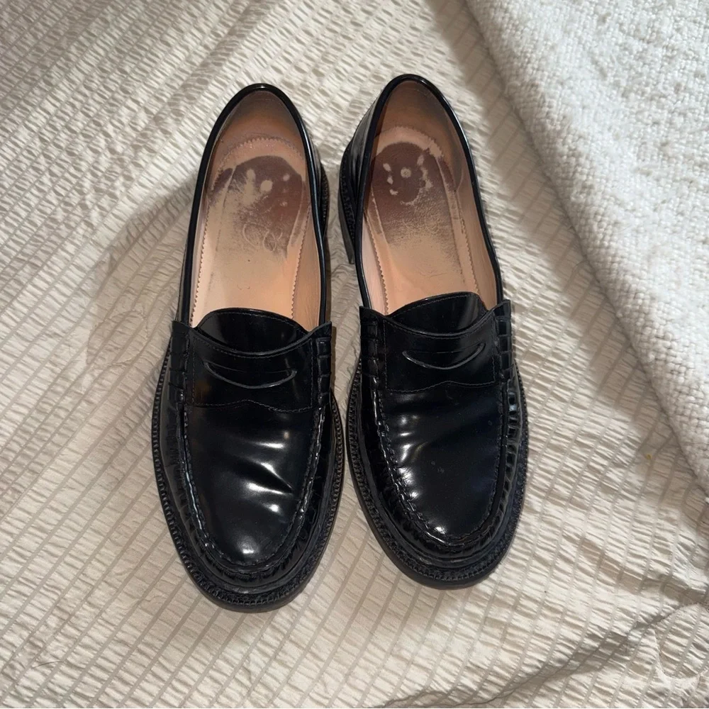 J Crew Black Lug Sole Leather Penny Loafers 9.5